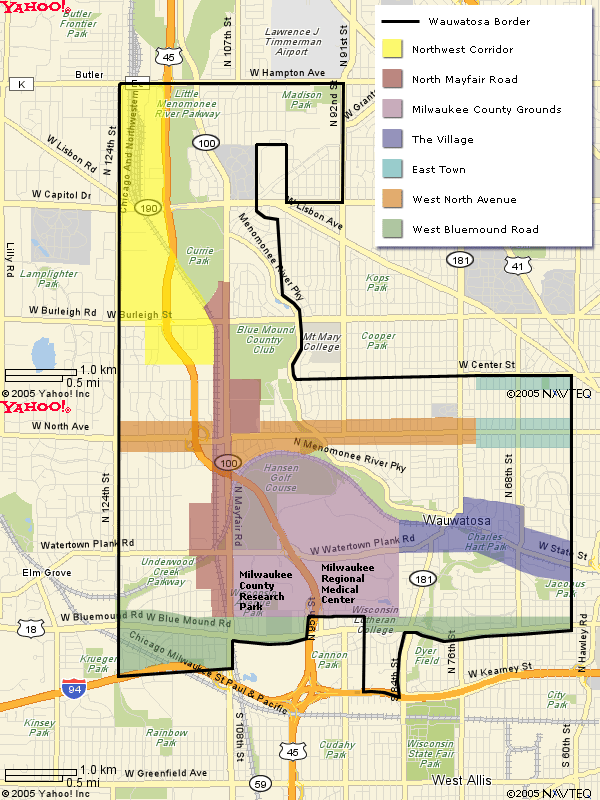 Map of Wauwatosa, Wisconsin, showing neighborhoods, parks, and major roads with a legend.