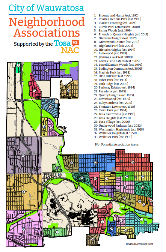 a map featuring multiple neighborhood associations in Wauwatosa